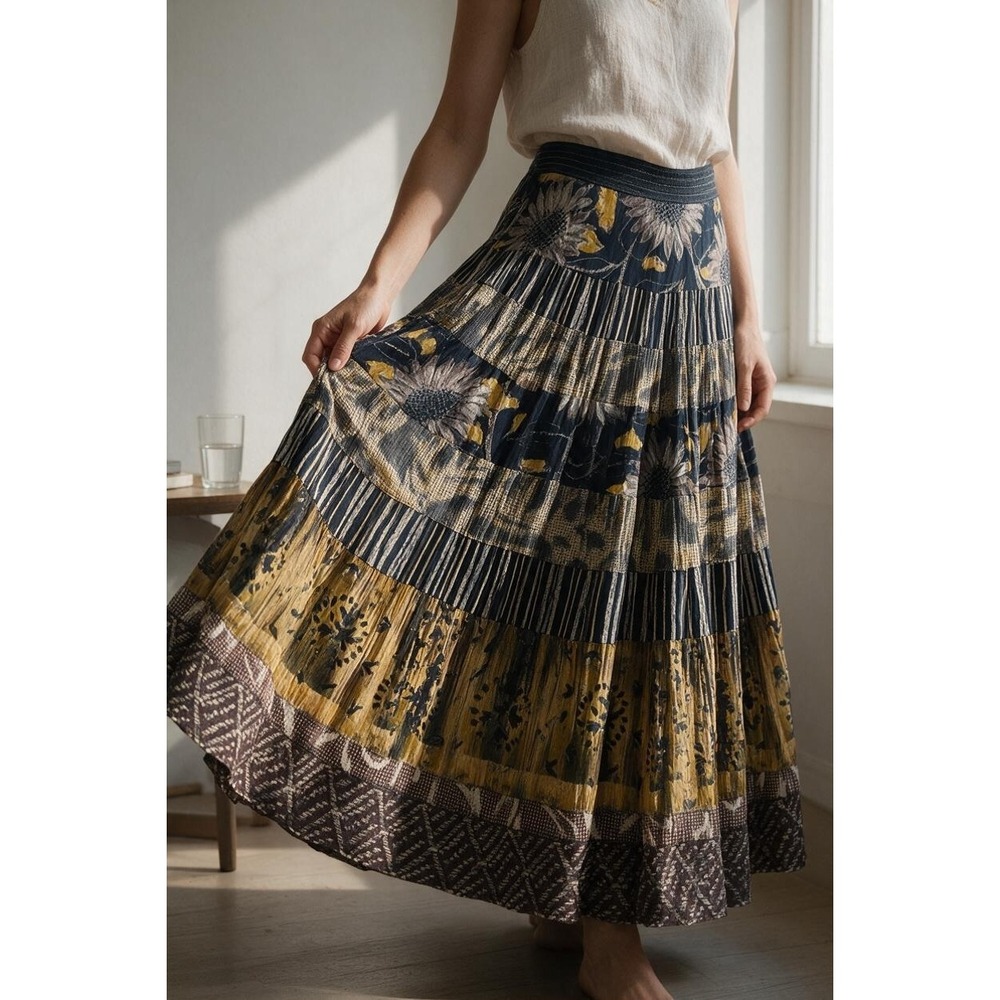 VTG 90s Y2K Carole Little Tiered Broomstick Maxi Skirt Sunflower Print#365E